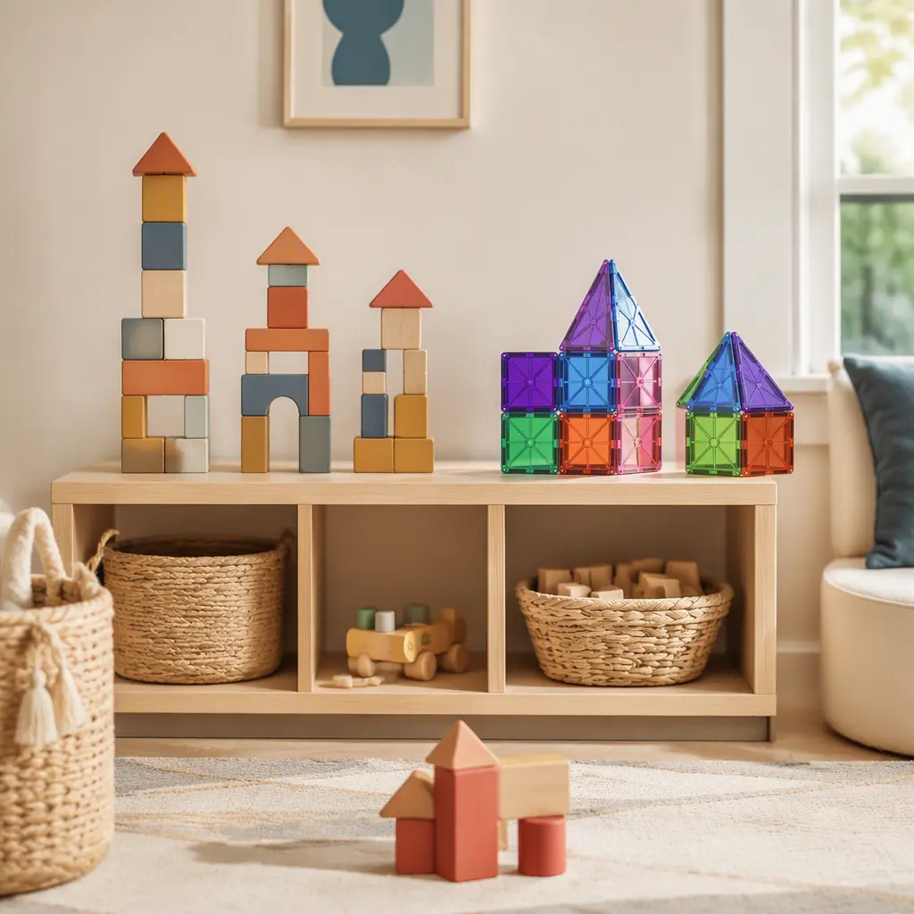 Chunky block towers and magnetic cube structures displayed on low shelves in a toddler play area