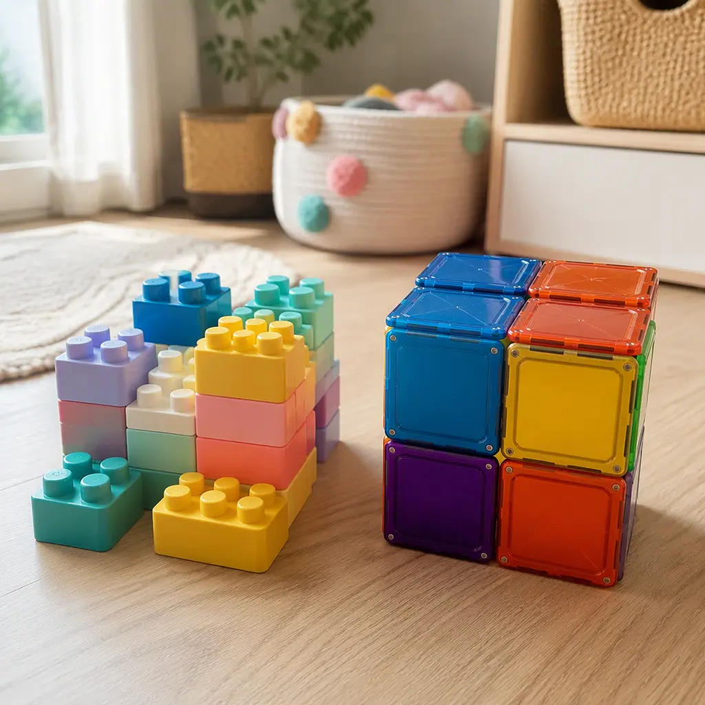 Chunky toddler building blocks and magnetic cubes arranged on a nursery floor beside storage baskets