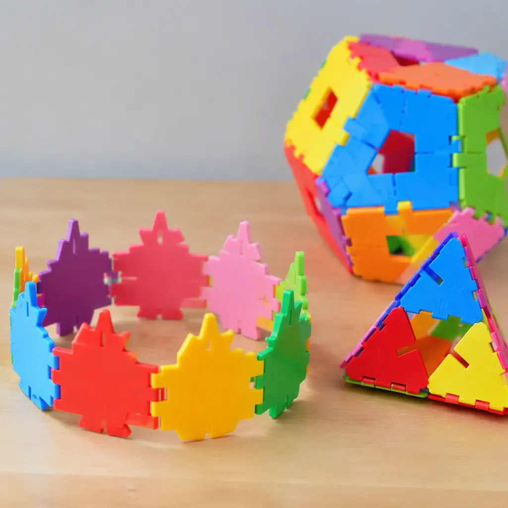 Snap-together flat construction pieces formed into wearable and geometric toy builds