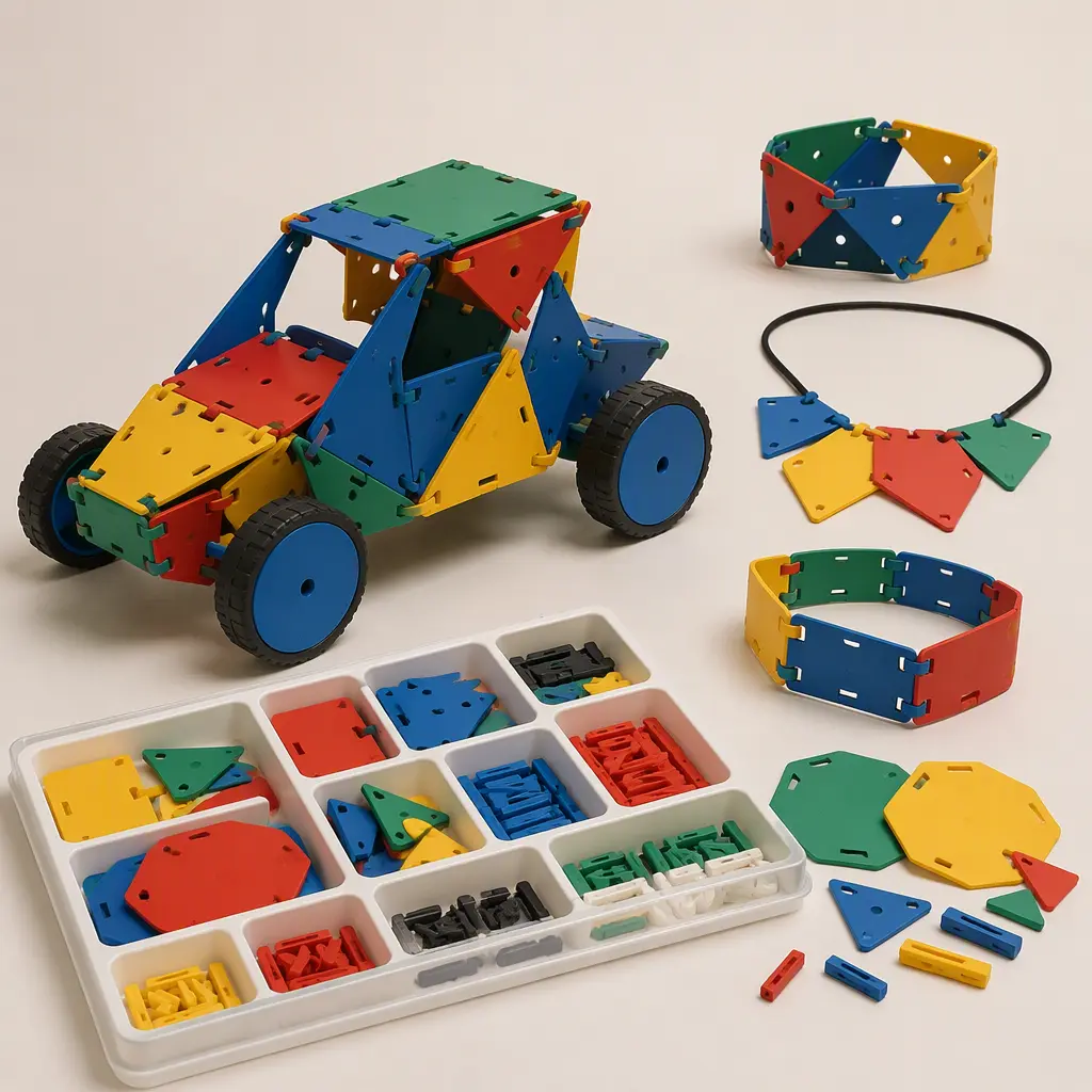 Large toy vehicle and wearable accessories built from colorful snap-together pieces