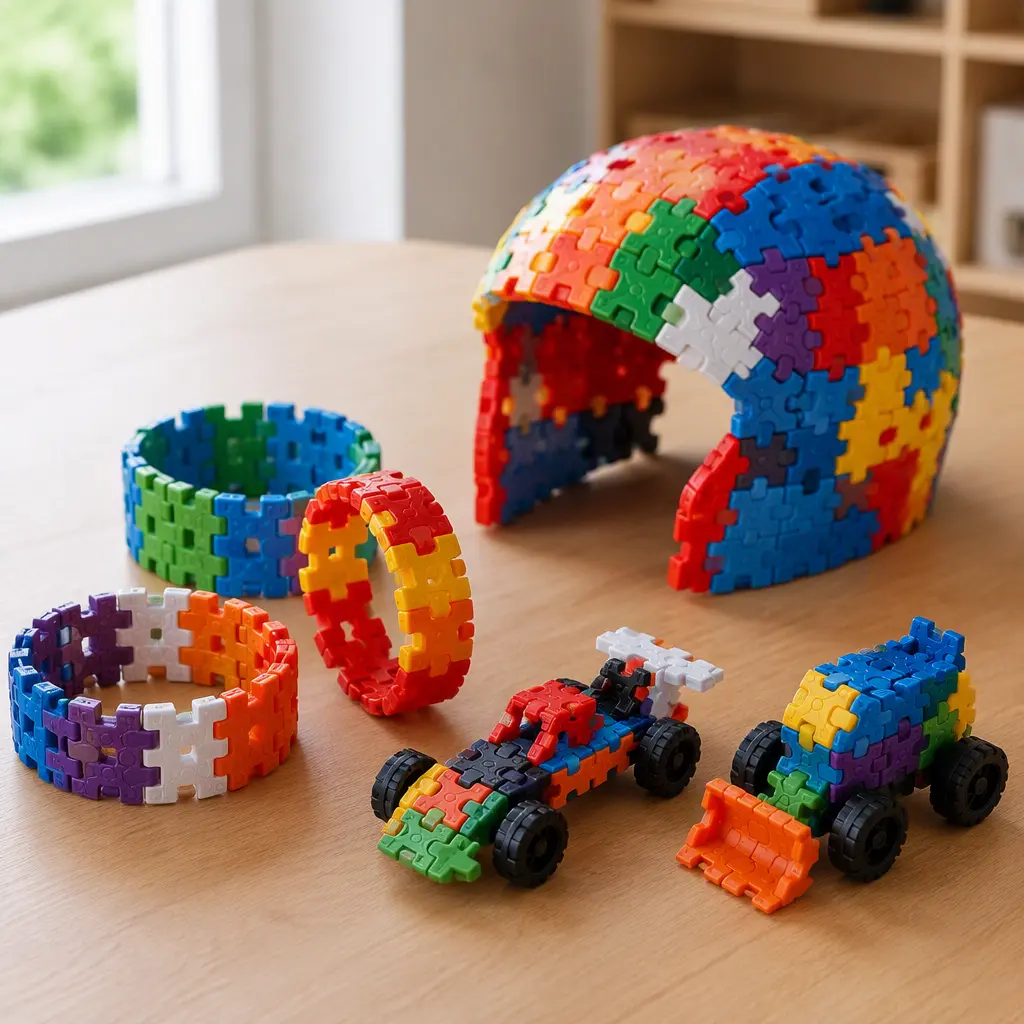 Colorful snap-together building pieces assembled into wearable toy creations on a table