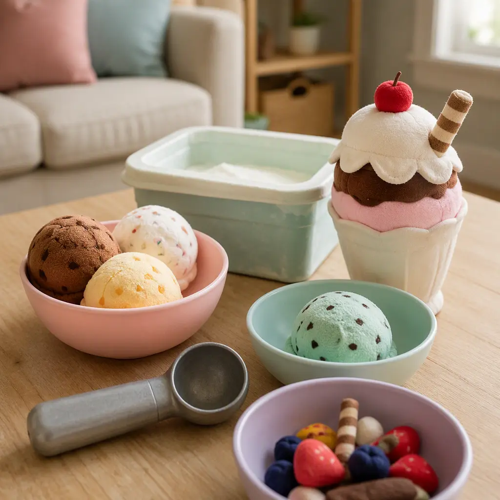 A dessert themed sensory roleplay toy arranged on a tabletop with accessories and a plush character.