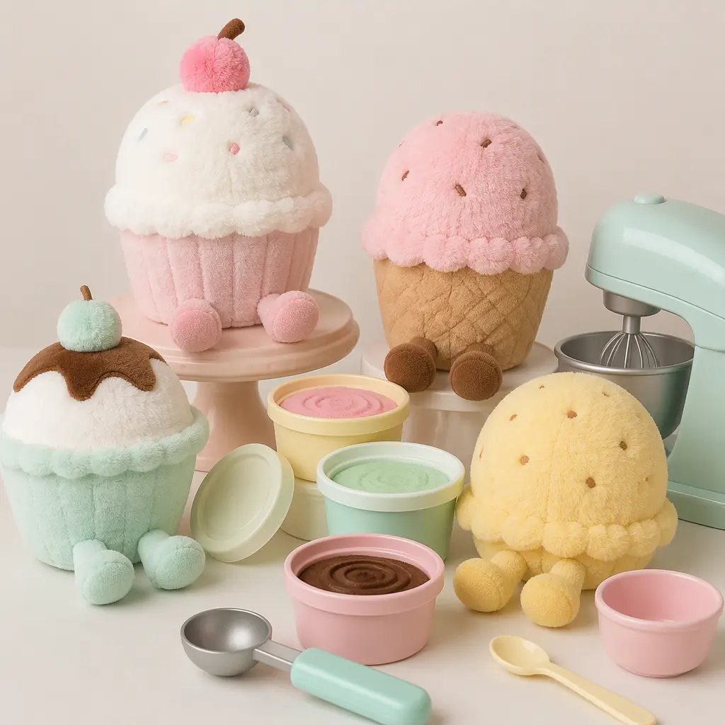 Dessert themed plush companions displayed with pretend frozen treat accessories.