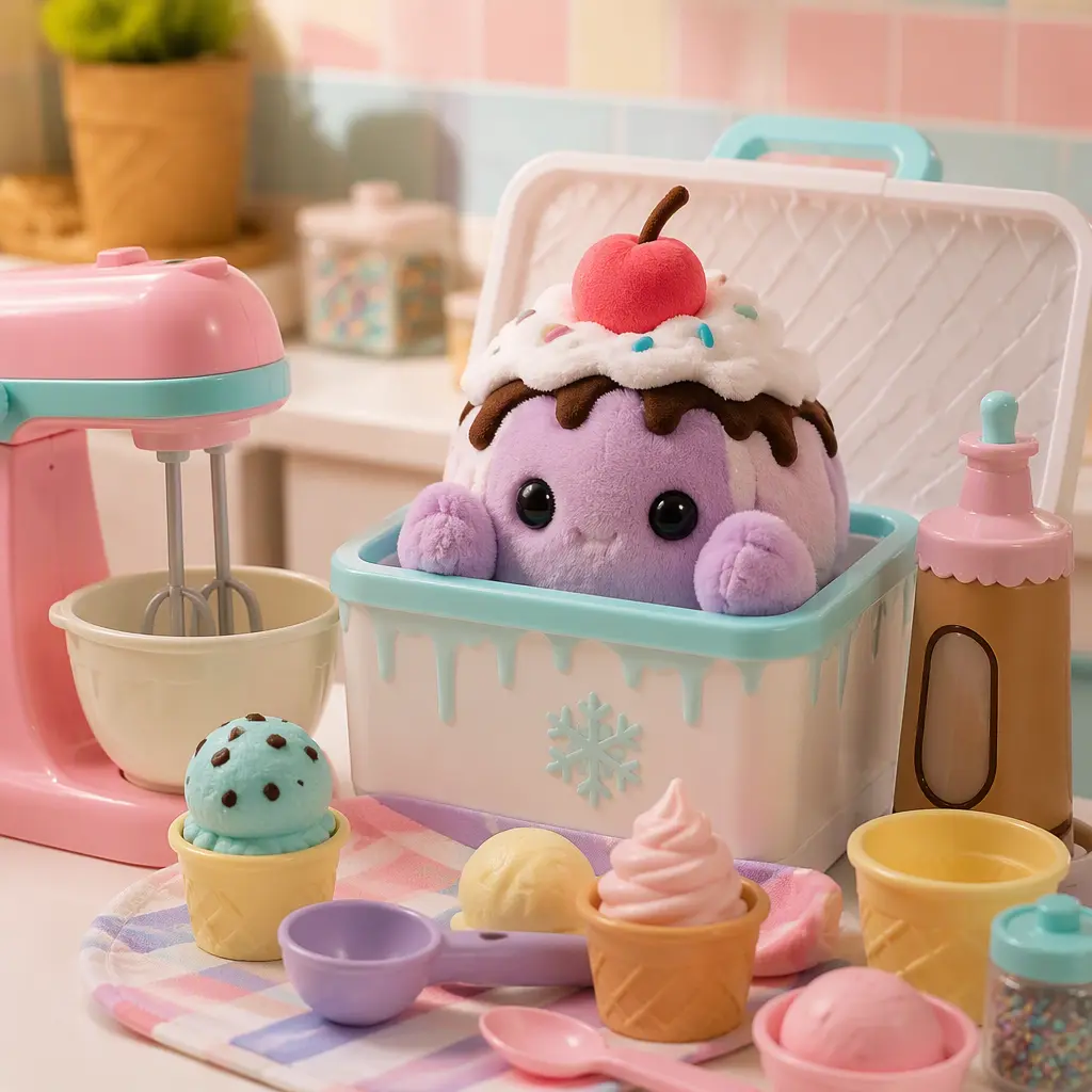 A frozen dessert themed surprise playset with mixing accessories and a plush dessert creature.