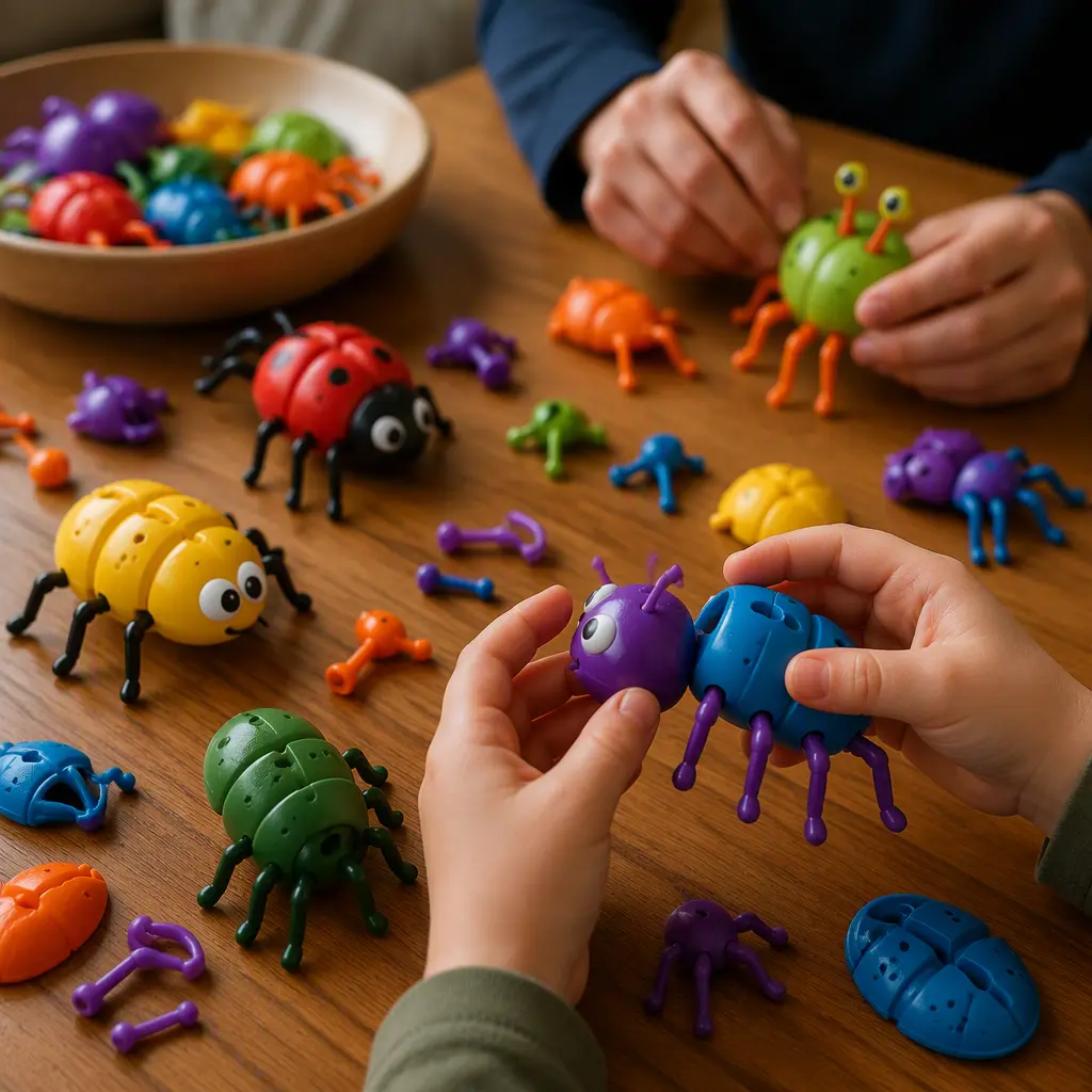 Plastic bug parts being assembled into colorful insect toys