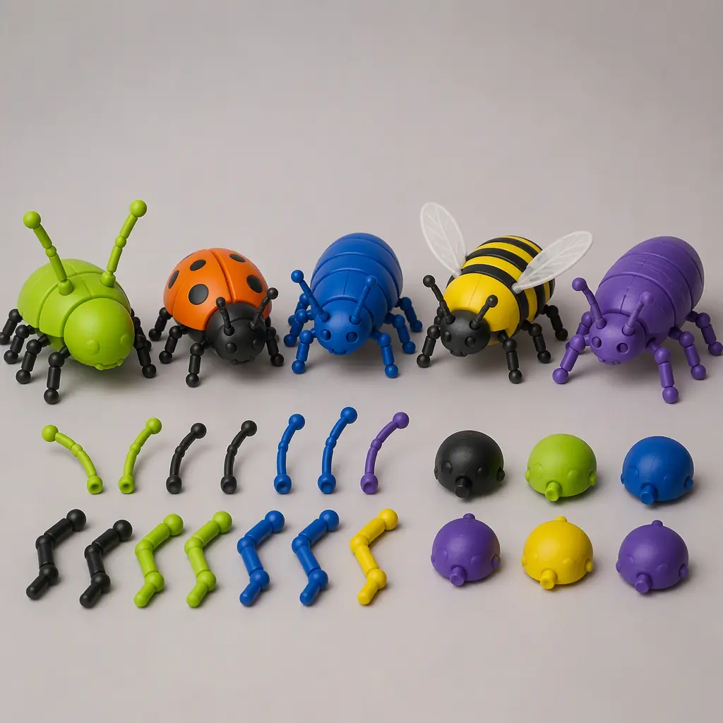 Several assembled plastic bug toys with extra interchangeable parts