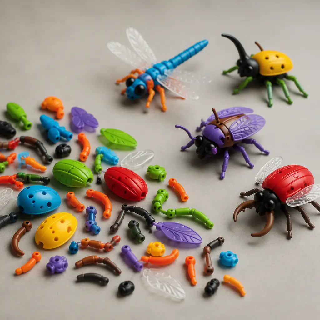 Colorful plastic bug pieces and assembled bug toys on a tabletop