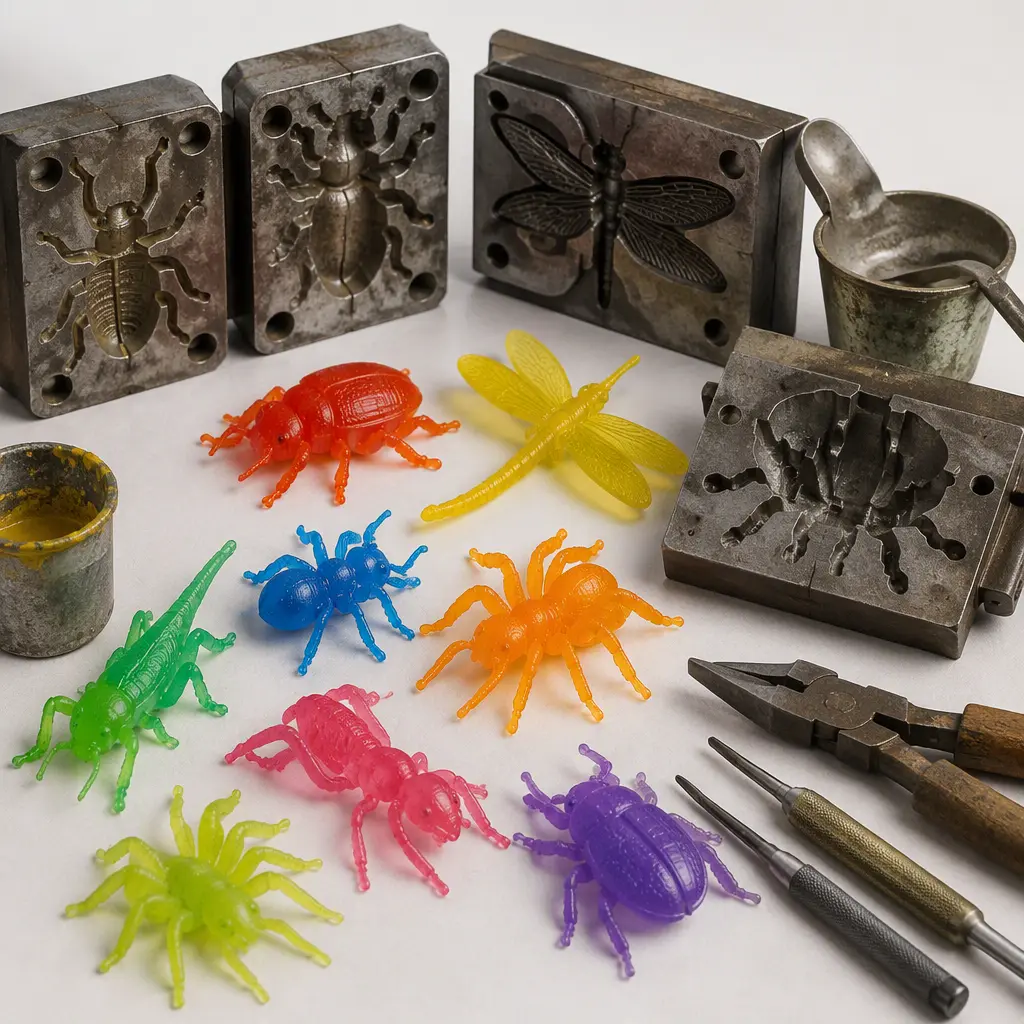 Colorful rubbery bug toys beside metal casting molds