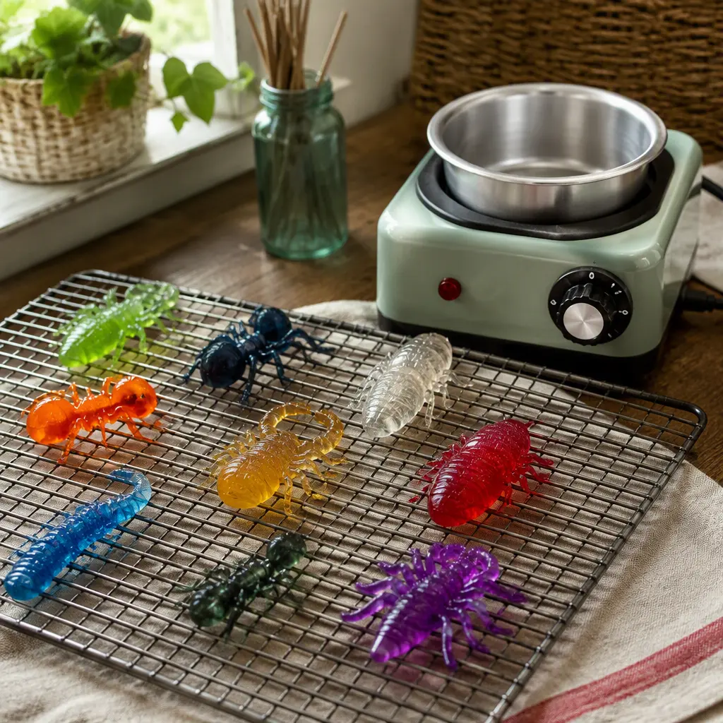 Freshly made rubbery bug figures cooling beside a toy heating station