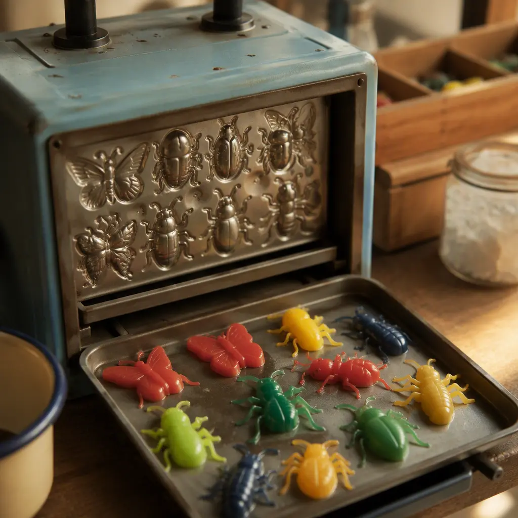 Vintage-style bug-making toy oven with rubbery insect creations and metal molds