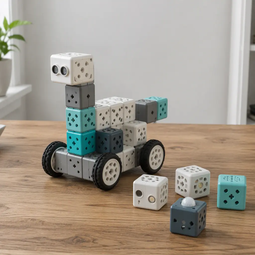 A modular robotic cube toy assembled into a small wheeled robot beside extra blocks