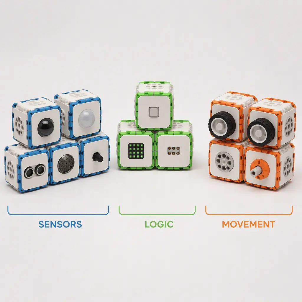 Separate modular robot cubes arranged by function on a clean studio background