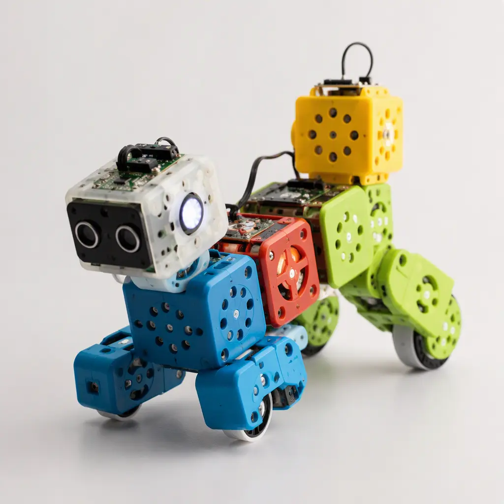 Modular robotic cubes connected into a small moving robot on a white studio surface
