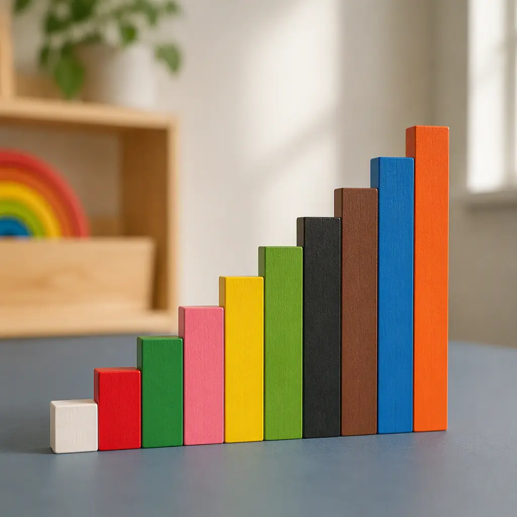 Wooden math rods displayed in graduated lengths and colors