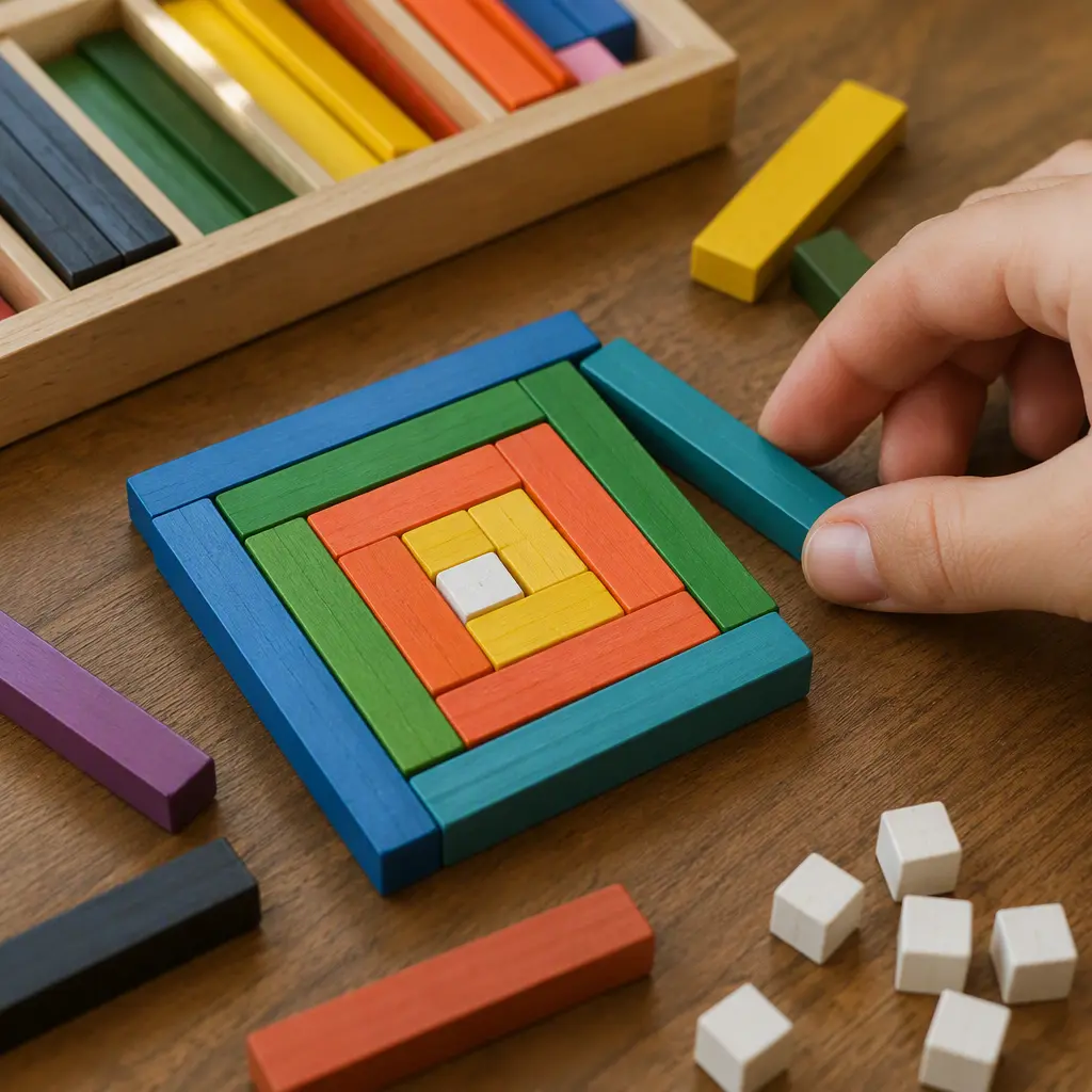 Colorful educational rods arranged into geometric learning patterns