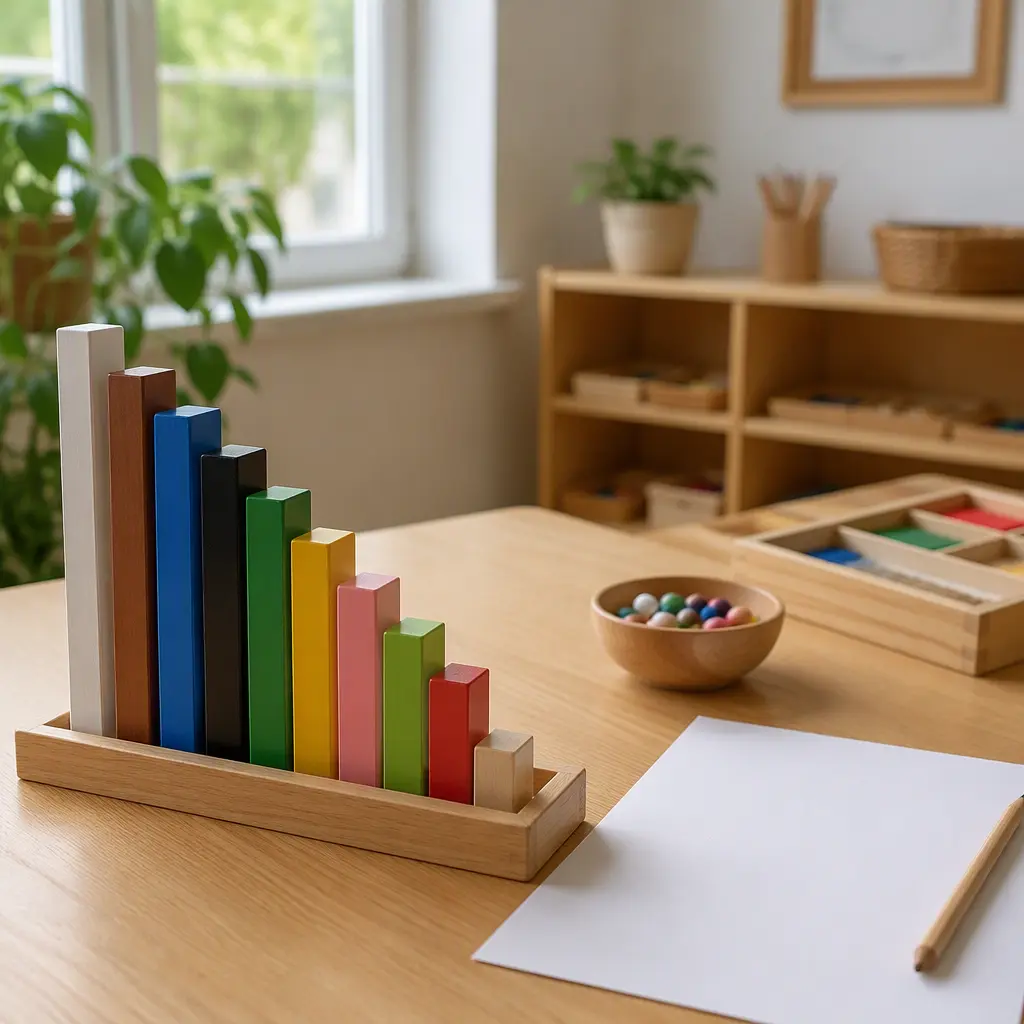 Color-coded wooden math rods arranged on a classroom table for hands-on learning