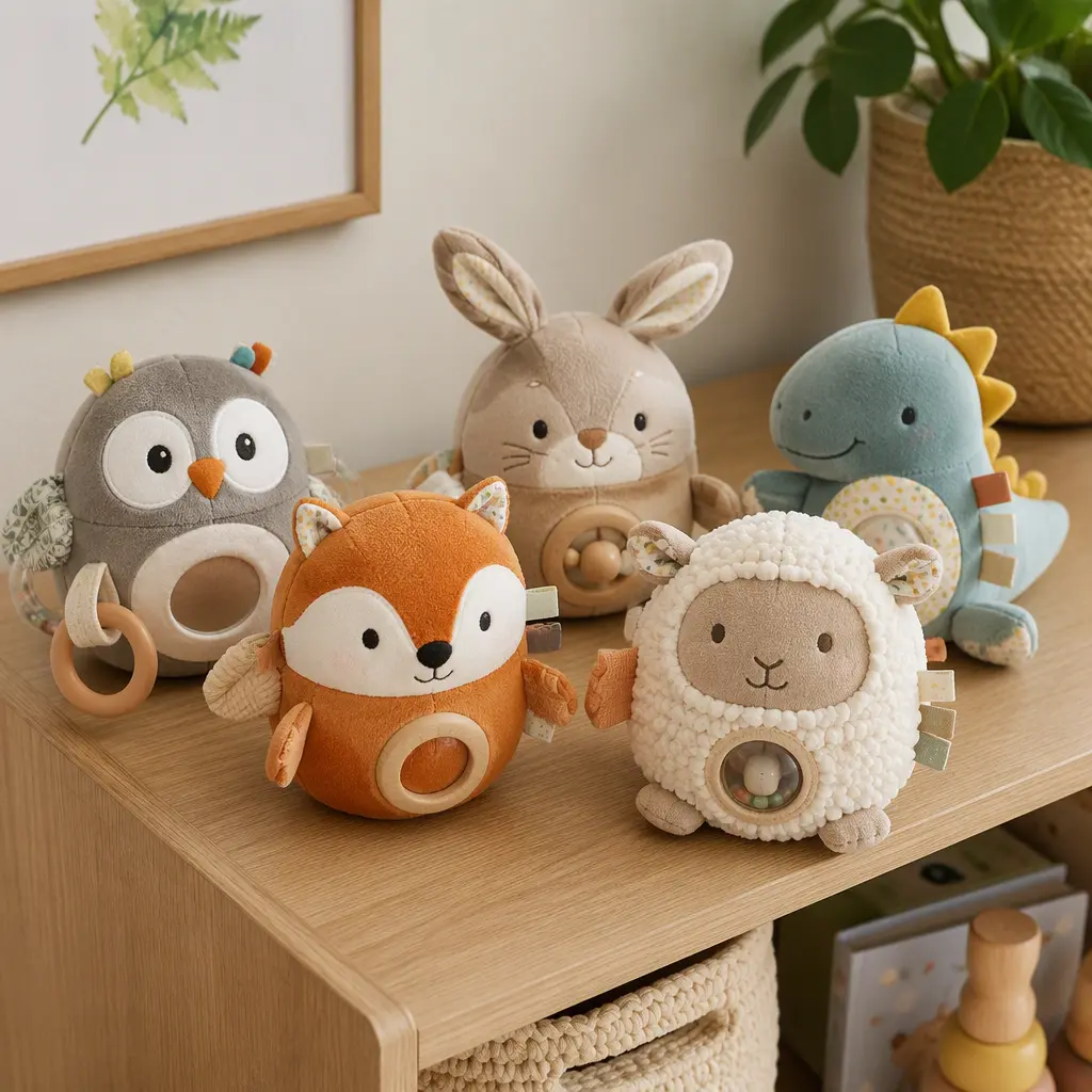 Rounded plush interactive animal toys displayed on a nursery shelf