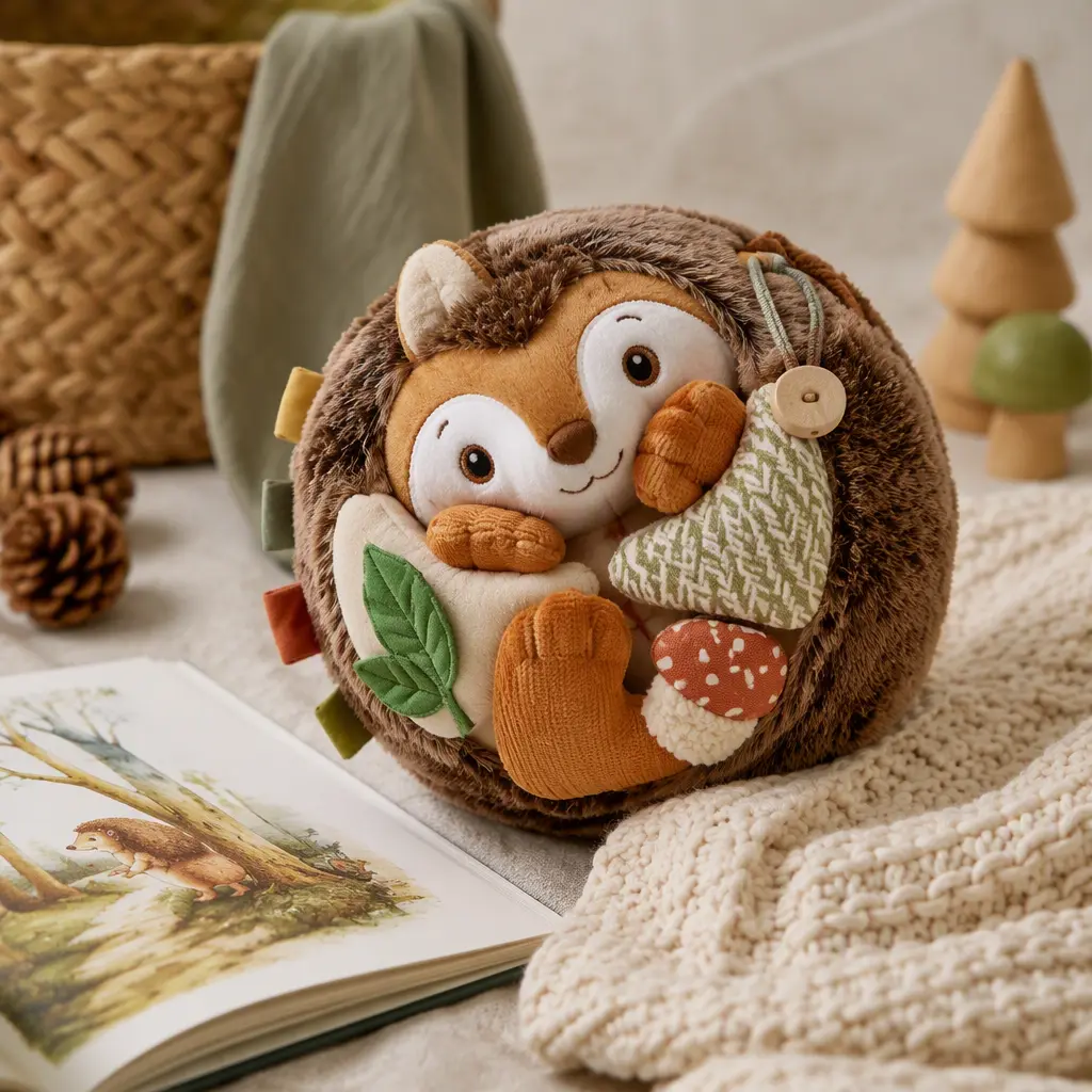 A curled plush interactive toy beside a blanket and storybook