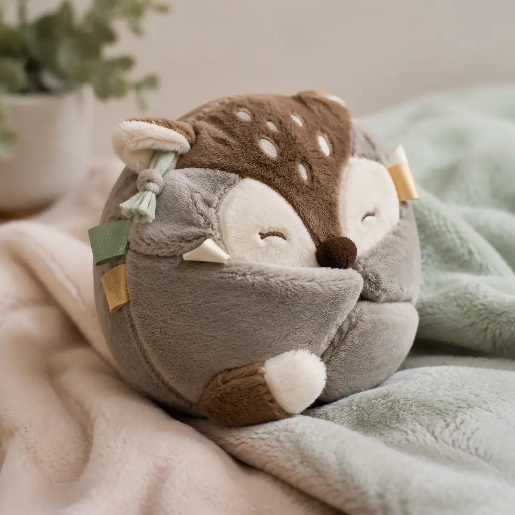 A soft round interactive plush pet toy resting on a pastel blanket in natural light