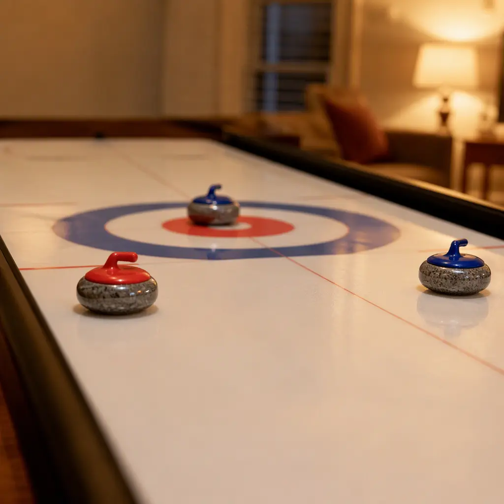 Miniature curling stones sliding across a tabletop game surface.