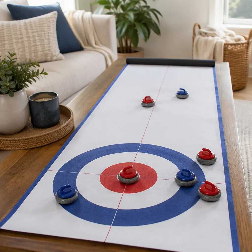 A tabletop curling mat and stones arranged on a coffee table in a home setting.