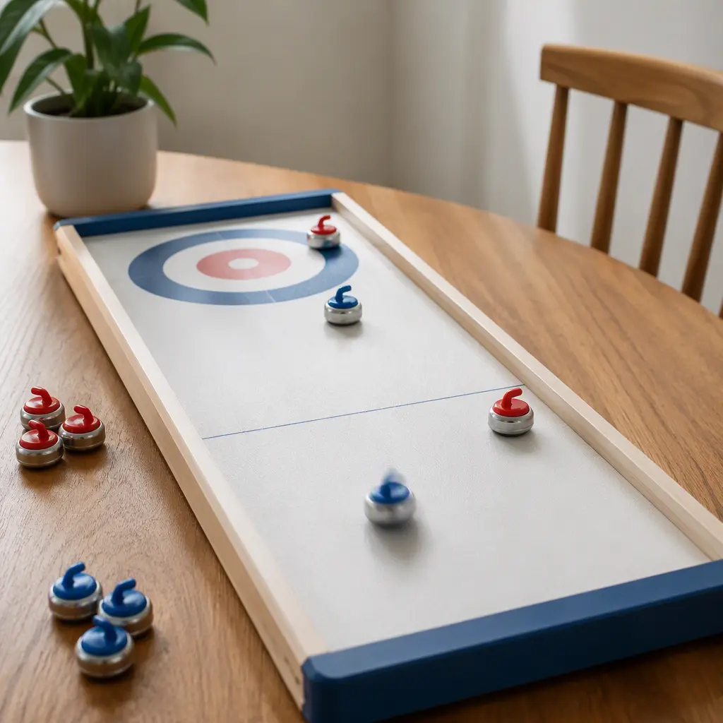 A tabletop curling game set up on a dining table with miniature stones in play.