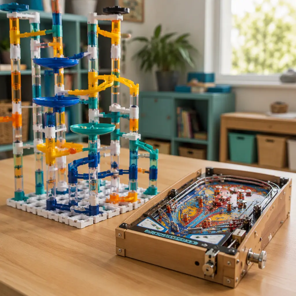 Marble run and compact pinball construction toy displayed on a desk
