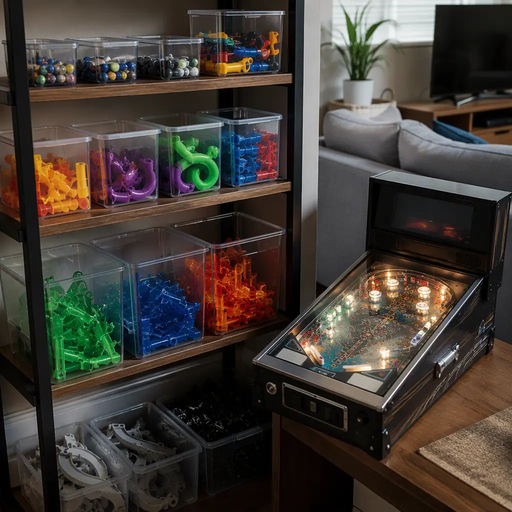 Stored marble run pieces and completed desktop pinball toy on a shelf