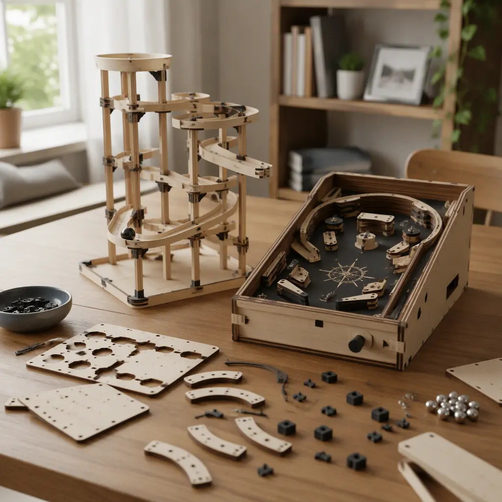 Desktop pinball kit and marble run building set arranged on a tabletop in natural light