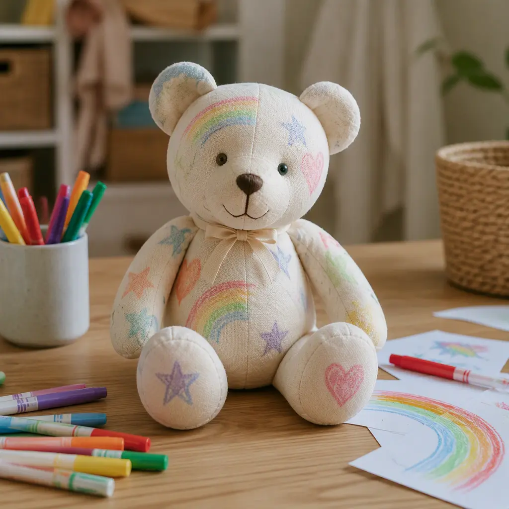 Washable doodle plush bear on a craft table with colorful markers