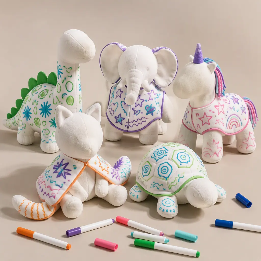 Collection of washable doodle-style plush animals with colorful marker designs