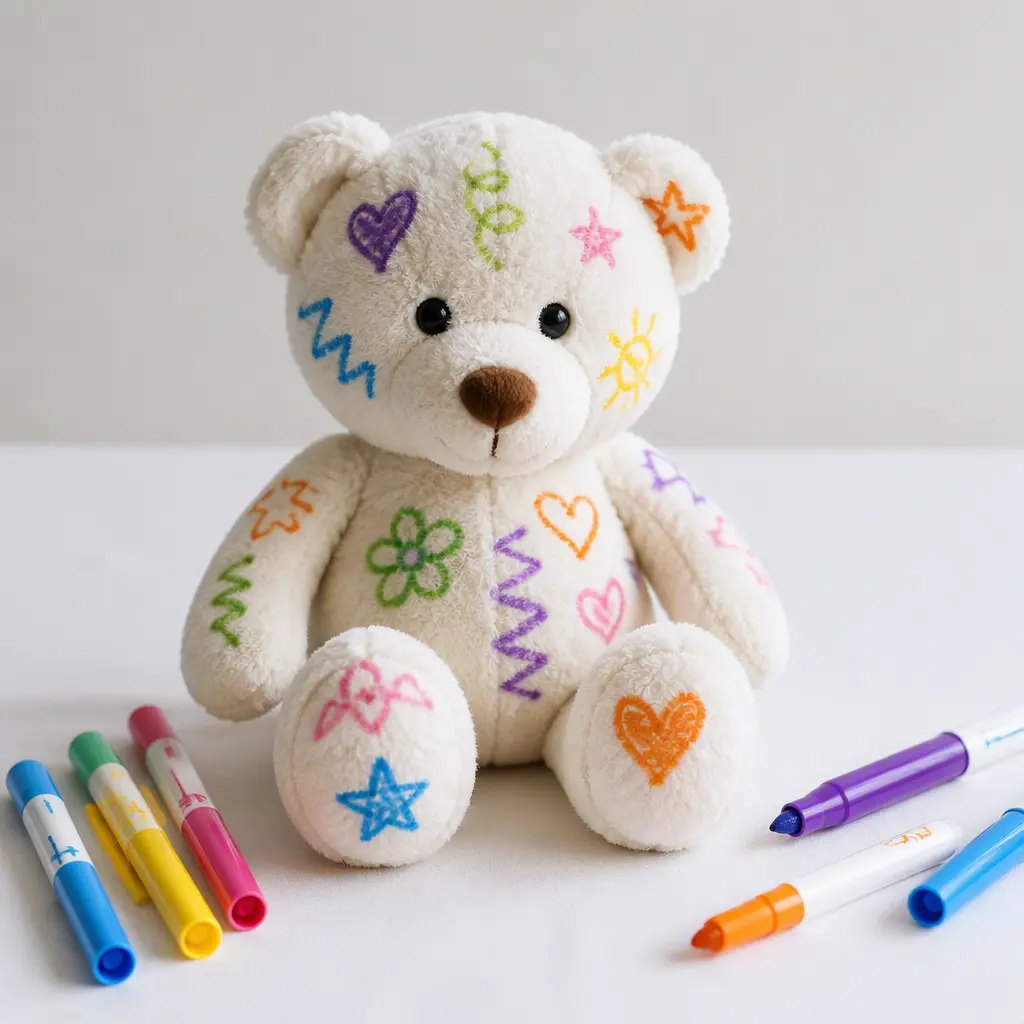 Washable doodle-style teddy bear covered in colorful marker drawings beside washable markers