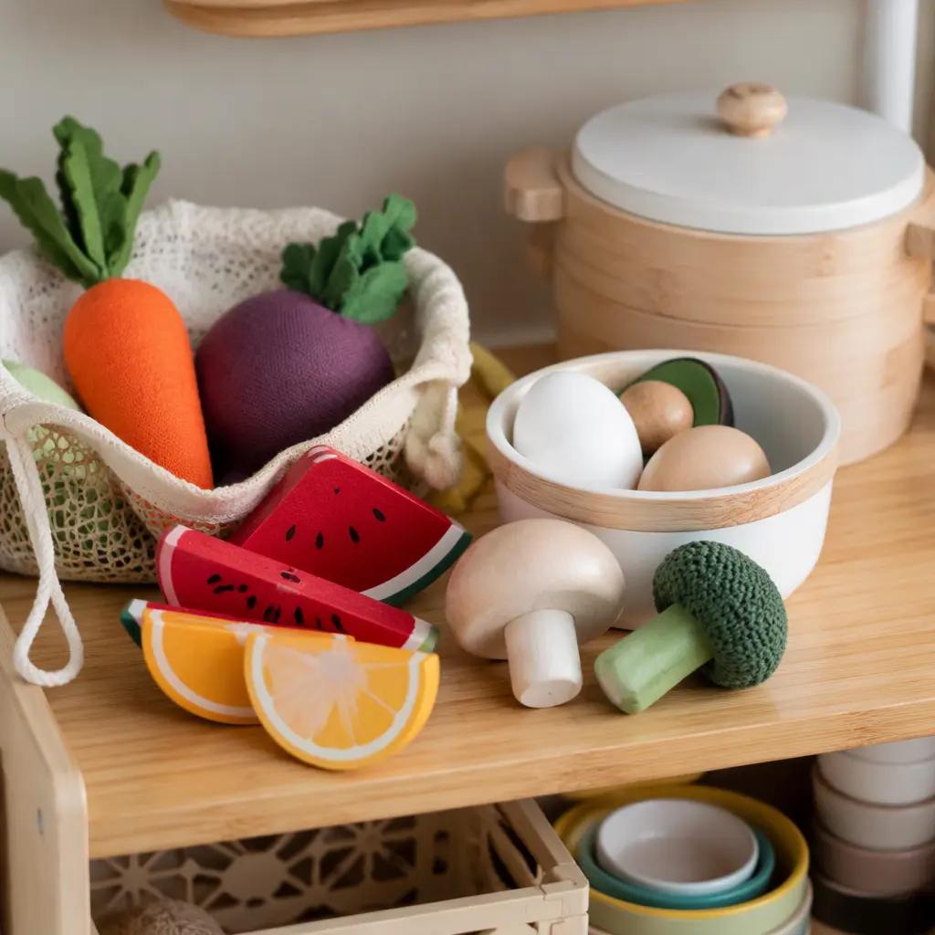 Chunky toddler-safe pretend food pieces arranged on a play shelf
