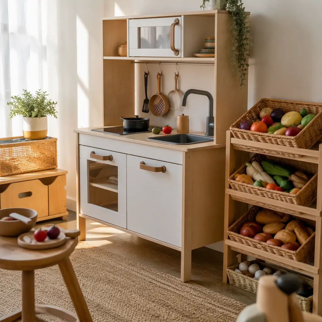 Toddler pretend kitchen area with durable play food stored in baskets
