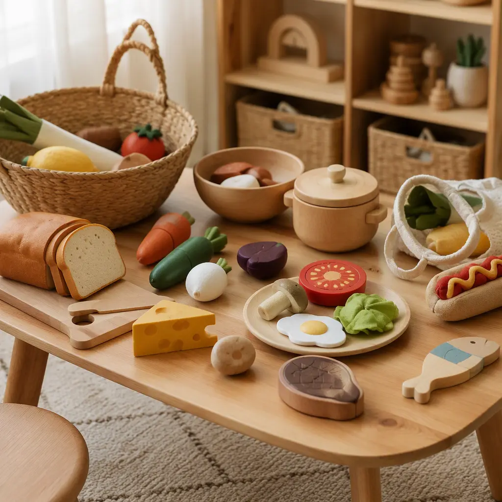 Durable toddler play food pieces on a small play table with storage basket nearby
