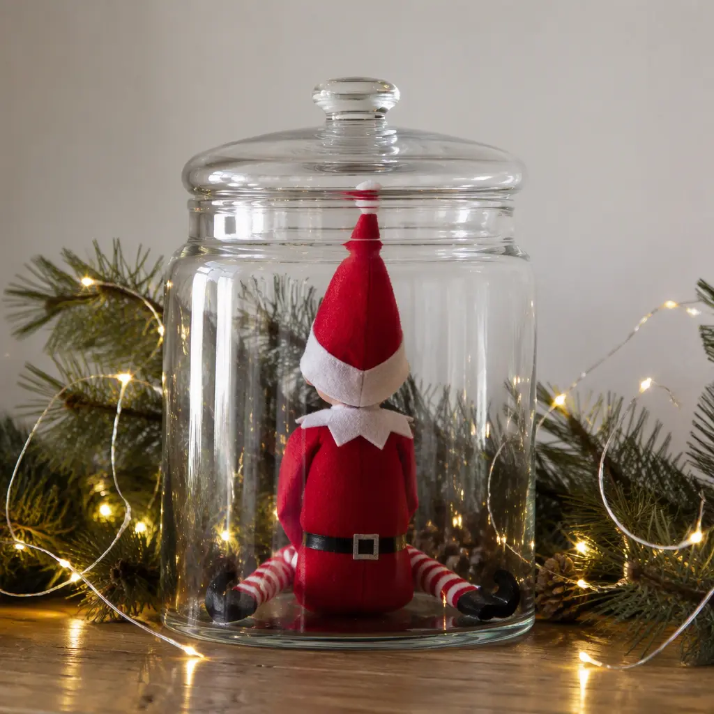 Holiday elf doll staged playfully inside a cookie jar with festive decorations