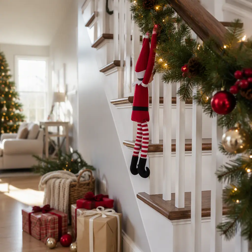 Holiday elf doll hanging from festive staircase decorations