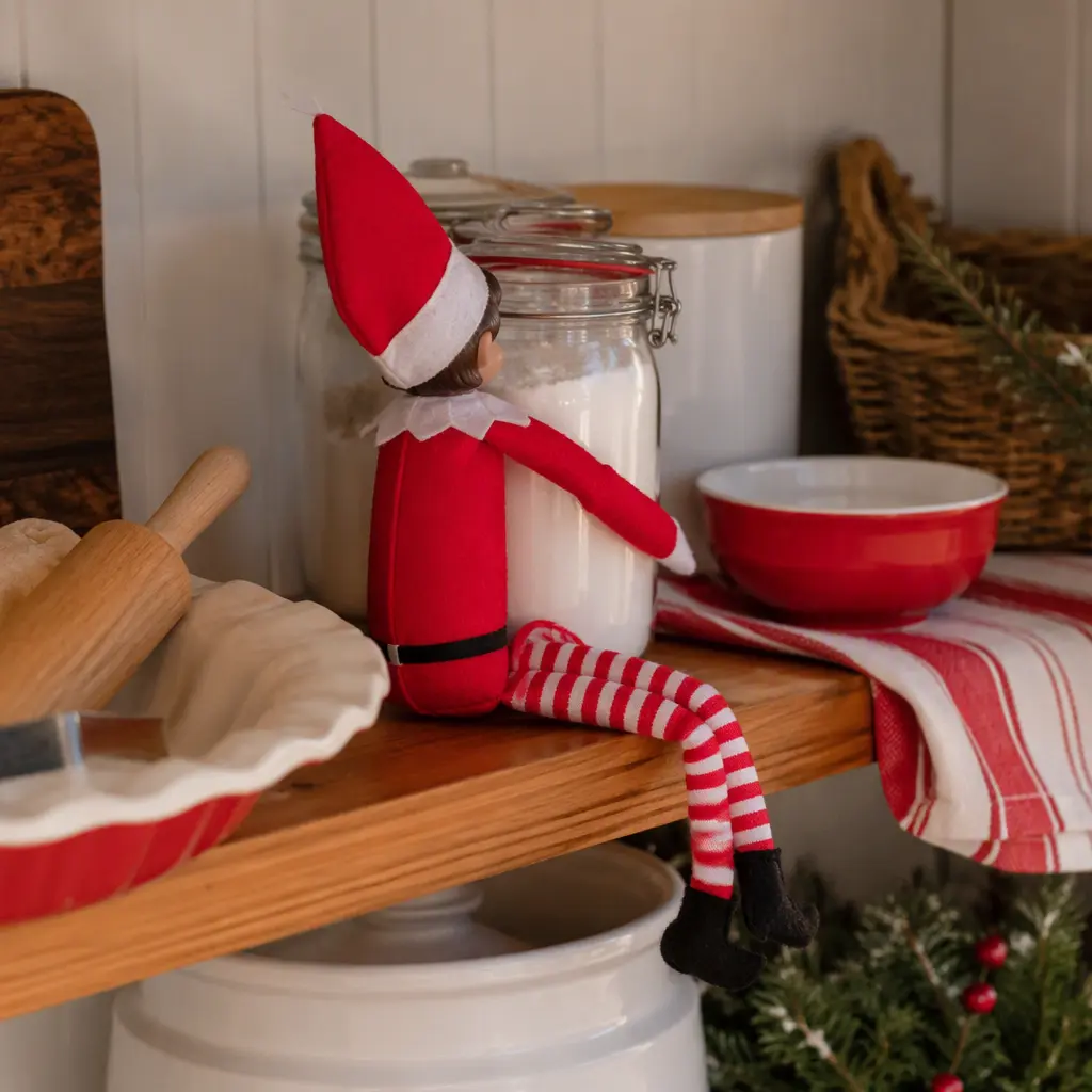 Holiday elf doll posed on a kitchen shelf during a cozy December scene