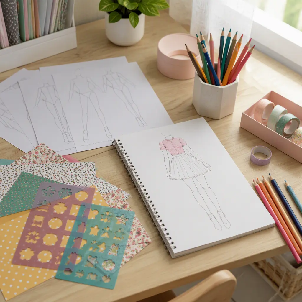 Fashion design craft supplies laid out beside partially completed outfit sketches