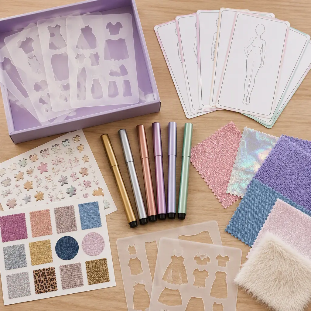 Assorted fashion craft components and sketch tools displayed on a tabletop