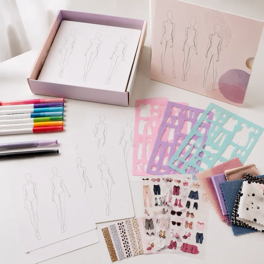 Fashion-themed craft materials and mix-and-match design tools arranged on a desk