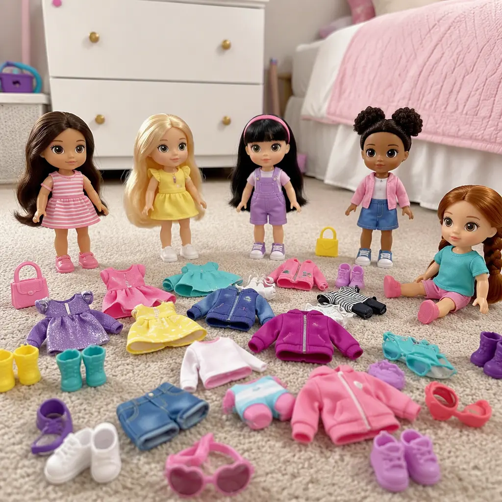Small fashion dolls with removable outfits and accessories arranged in a casual play scene.