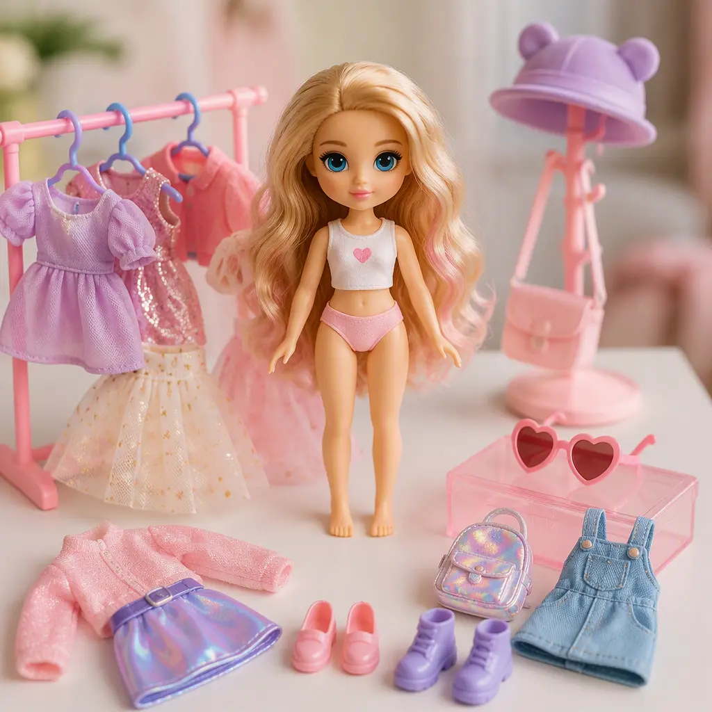 A colorful fashion doll with removable outfits and accessories displayed on a pastel tabletop.