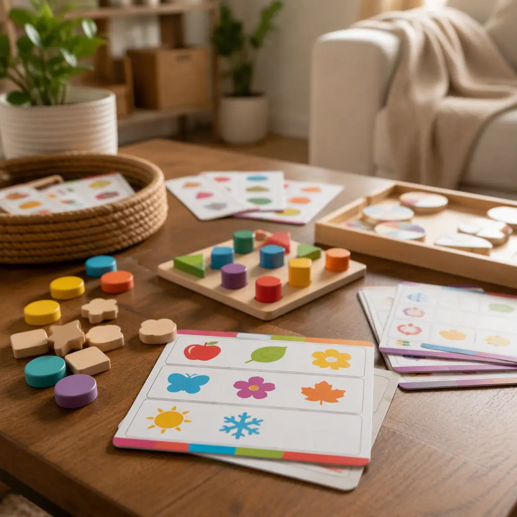 Simple logic game pieces and puzzle cards on a coffee table