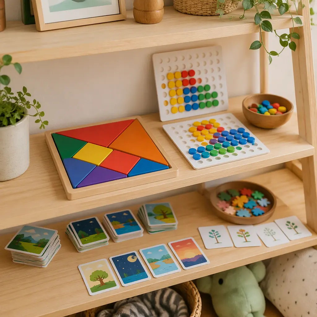 Beginner logic puzzles and pattern games displayed on a shelf