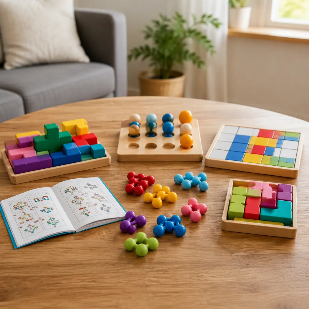 Beginner logic games and puzzles arranged on a wooden table in soft natural light