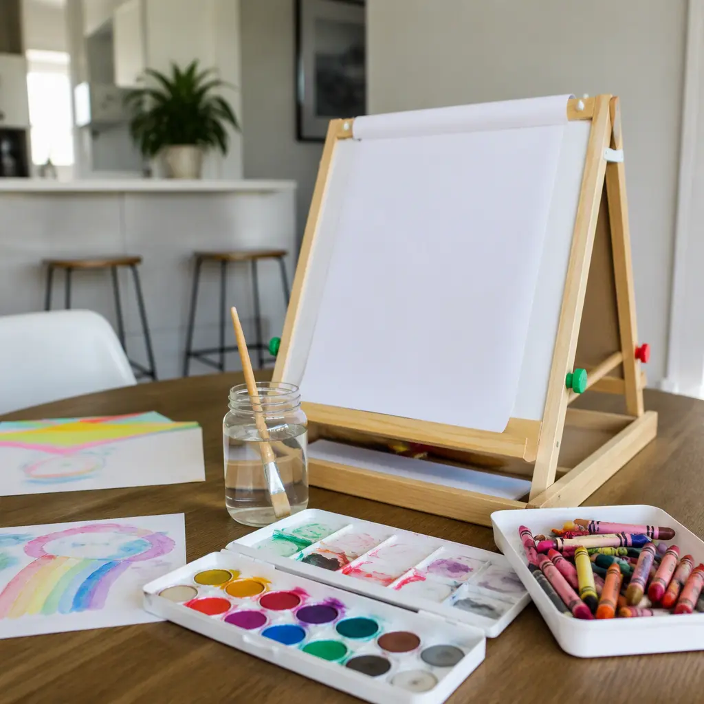 Small tabletop easel with art supplies on a dining table