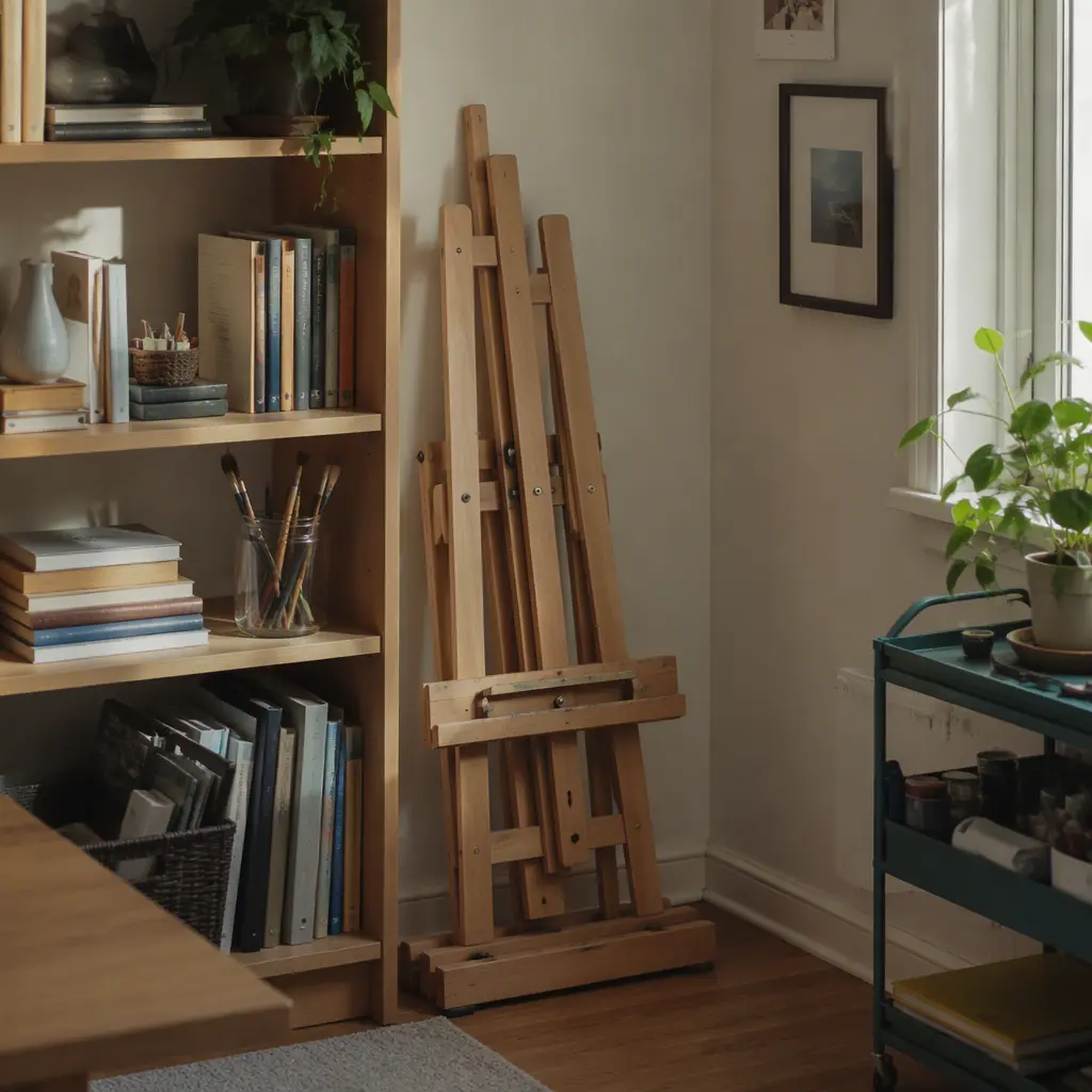 Foldable floor easel stored in a compact apartment corner