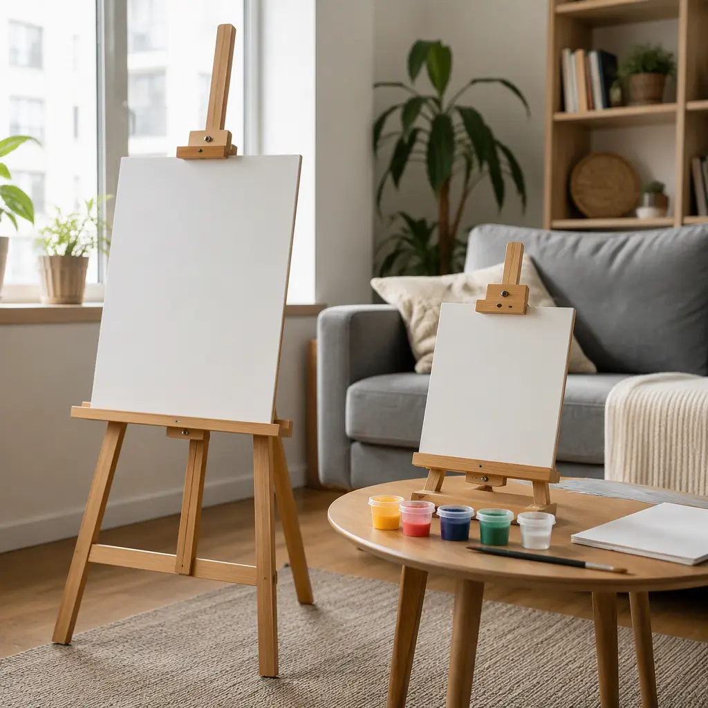 Compact floor easel and tabletop easel in a small bright living space