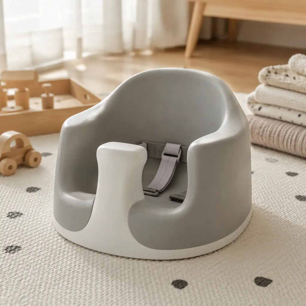 A simple infant floor seat placed on a soft play mat in a bright room.